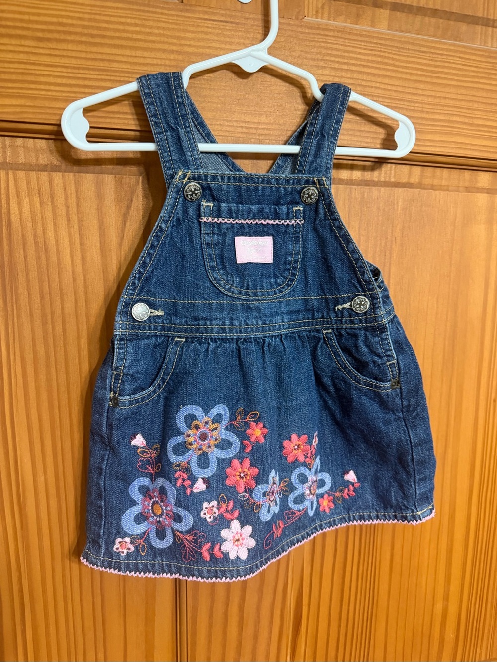Vintage Osh Kosh Denim Floral Embroidered Overall Dress with pink trim 12m